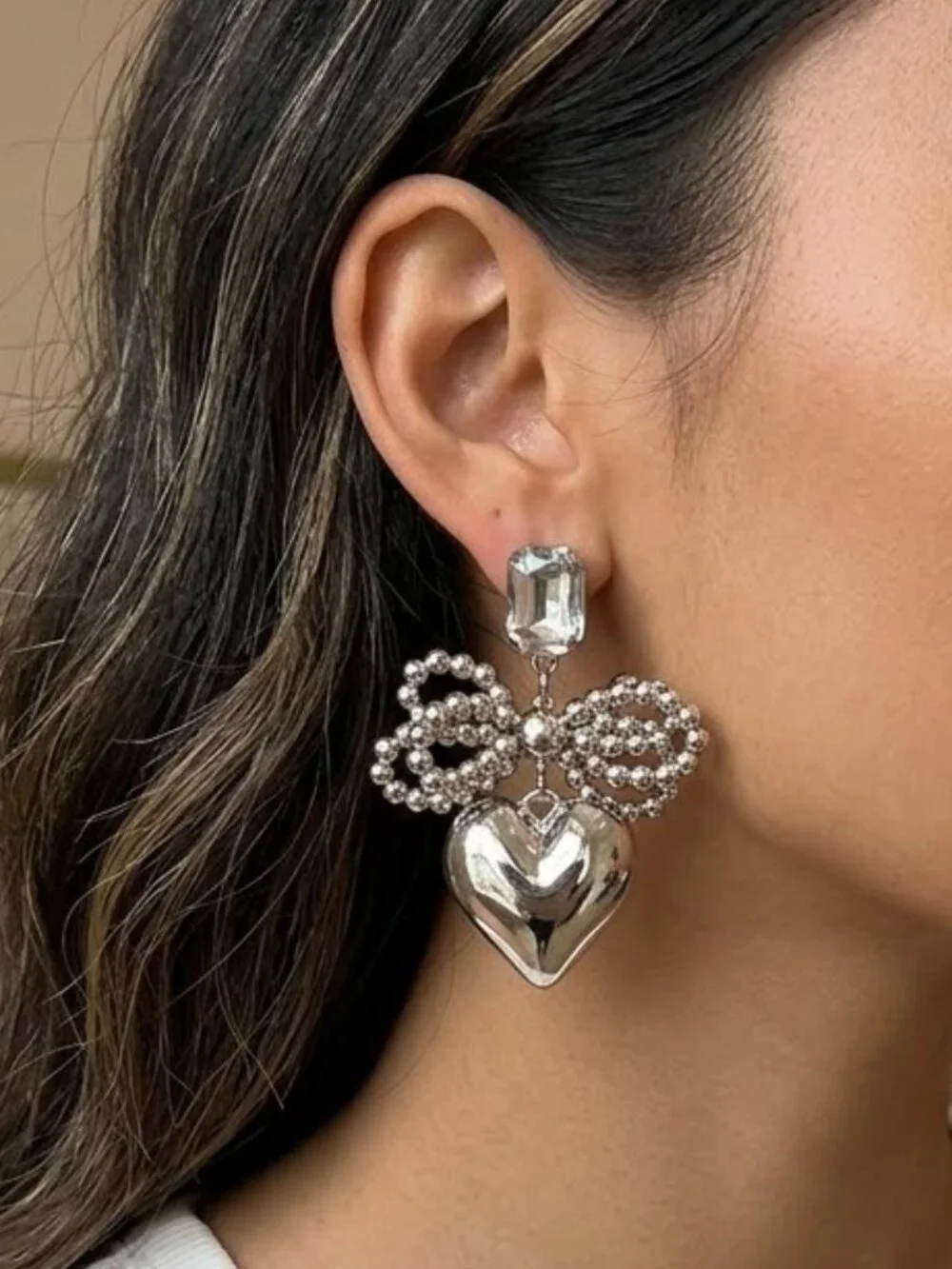 ✨  Silver Chrome Bow Heart & Crystal Earrings ✨ Tarnish-Resistant ✨ Mirroring